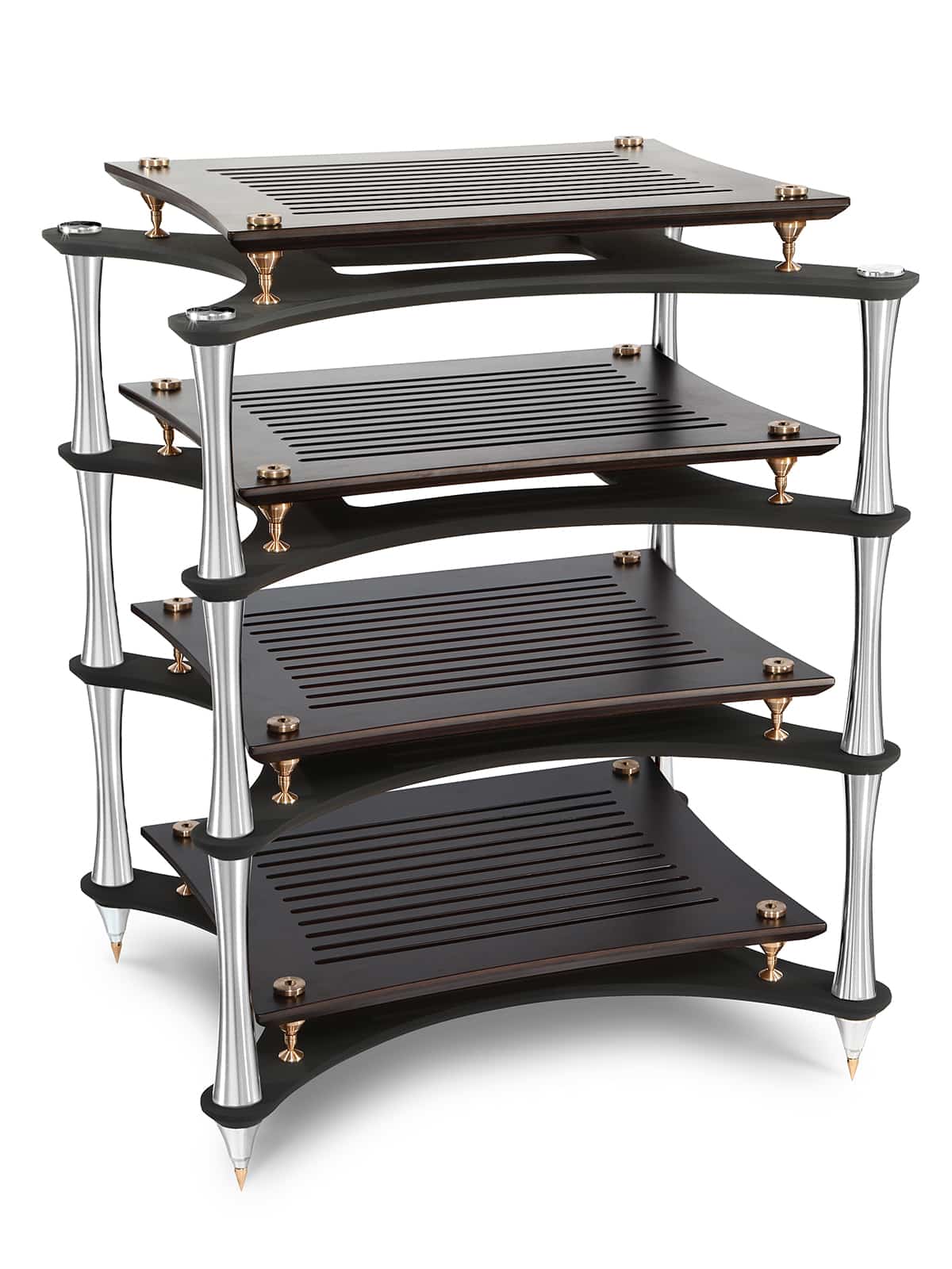 ultimate HiFi rack X-Reference with dark shelves and silver columns